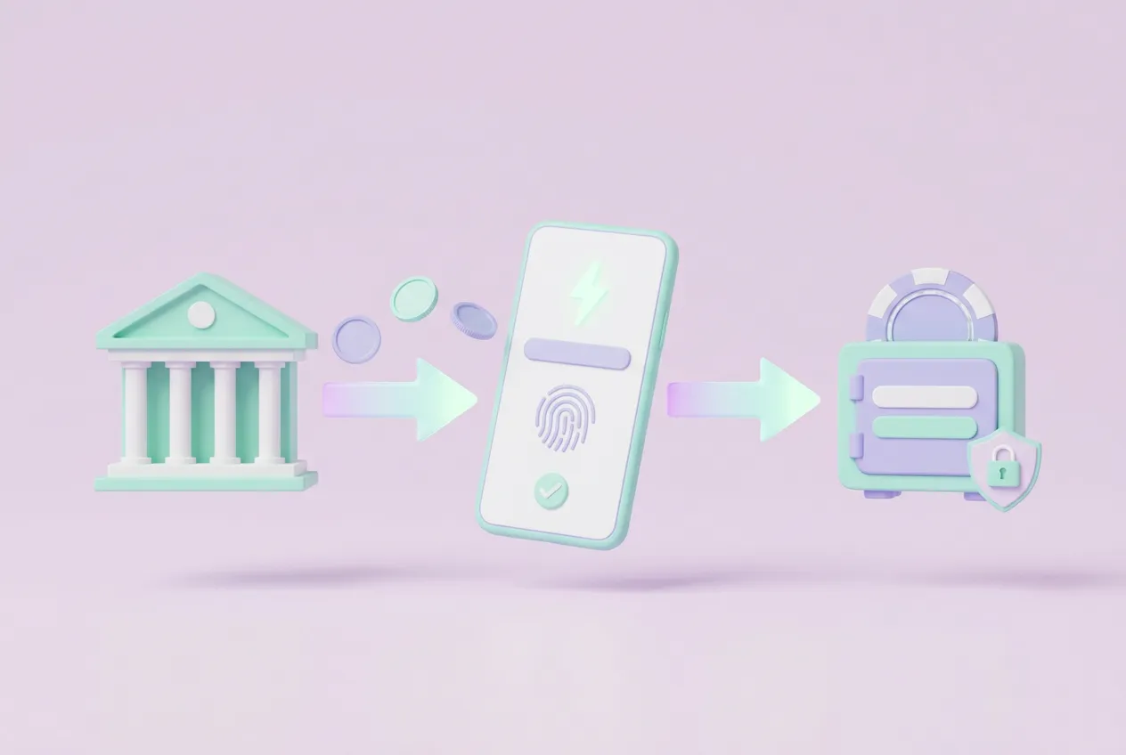 Illustration av flödet från bank till mobil verifiering och spelkonto vid pay n play casino.